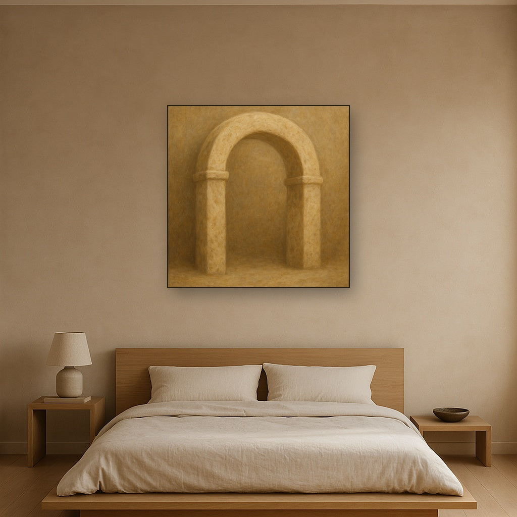 Travertine Stone Arch & Earth Tones No. 11 Oil Painting Staged Above Master Bed in Bedroom, Calming Neutral Hand Painted Oil Art