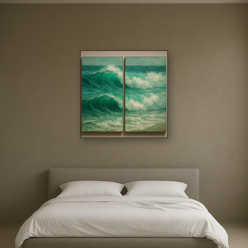 Emerald Swell Split-Panel Seascape Oil Painting - Styled in Master Bedroom
