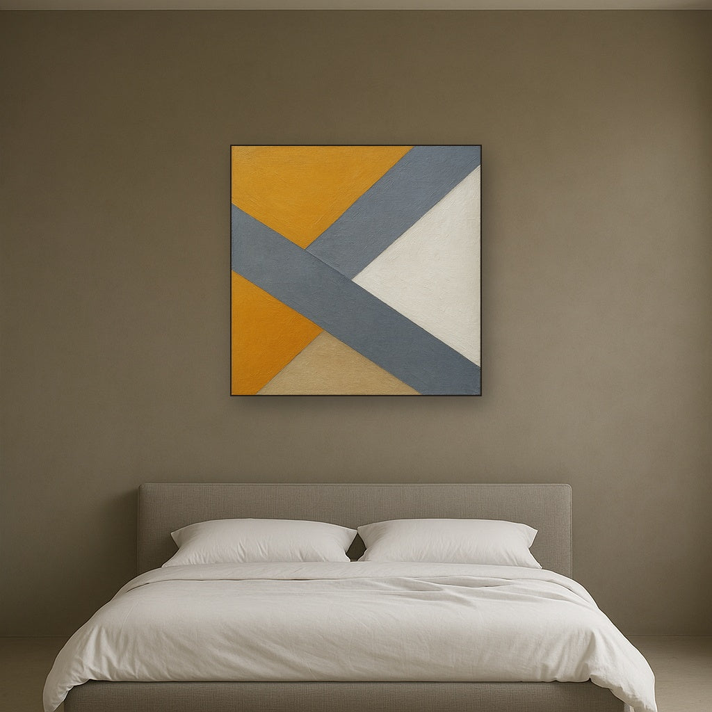 Intersecting Diagonal Planes Geometric Oil Painting - Styled in Master Bedroom
