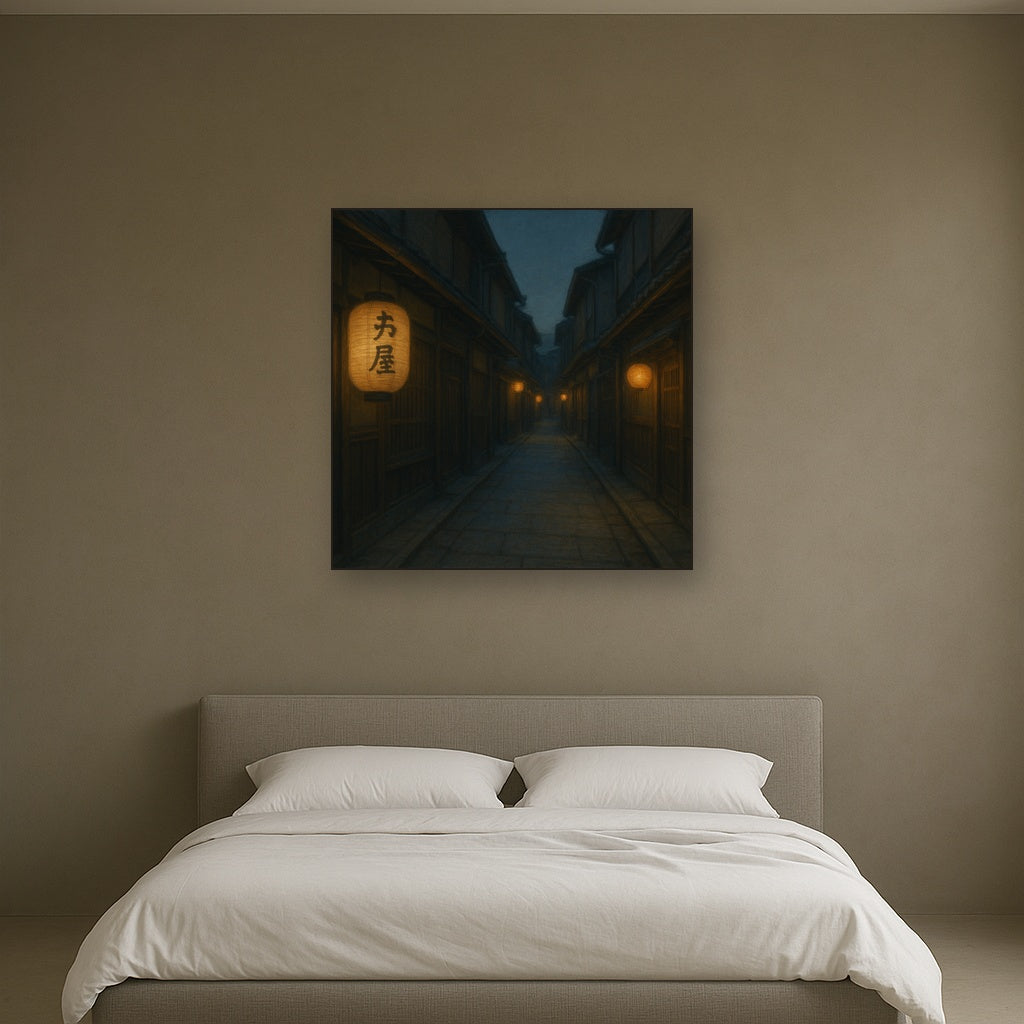 Old Kyoto Gion Alley in Soft Lantern Light No. 6 Oil Painting Staged Above Master Bed in Bedroom, Calming Neutral Hand Painted Oil Art
