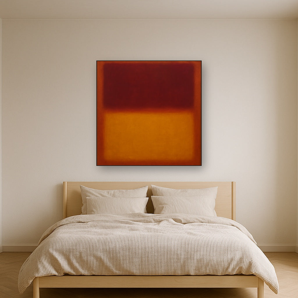 Crimson Burgundy & Saffron Gold Color Vibrations No. 20 Oil Painting Staged Above Master Bed in Bedroom, Calming Neutral Hand Painted Oil Art