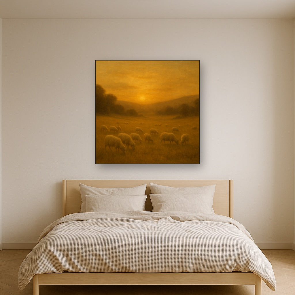 Sunset Grazing Flock in Golden Valley No. 8 Oil Painting Staged Above Master Bed in Bedroom, Calming Neutral Hand Painted Oil Art