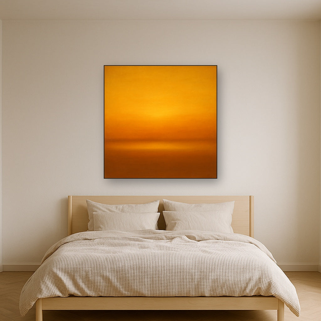 Warm Amber & Raw Sienna Sunset Meditation No. 25 Oil Painting Staged Above Master Bed in Bedroom, Calming Neutral Hand Painted Oil Art