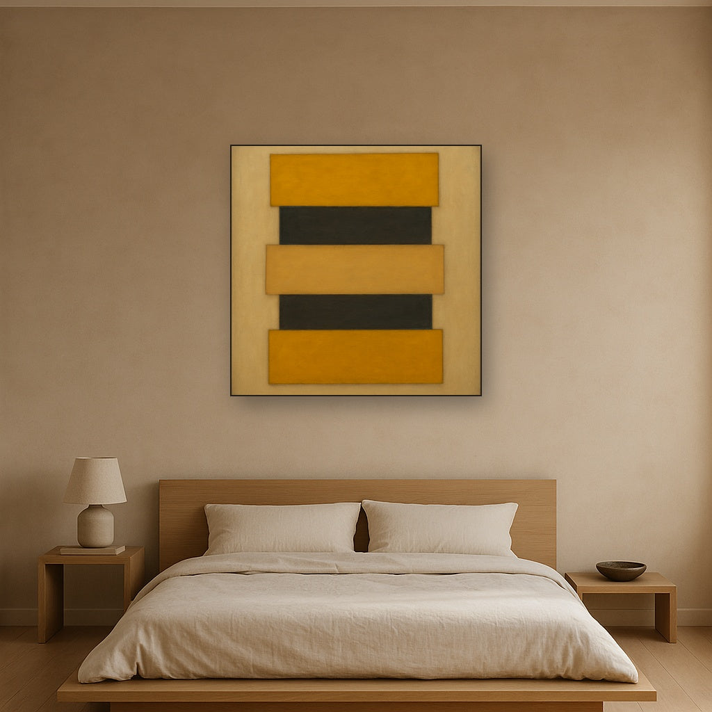 Stacked Horizon Blocks in Mustard & Charcoal No. 17 Oil Painting Staged Above Master Bed in Bedroom, Calming Neutral Hand Painted Oil Art