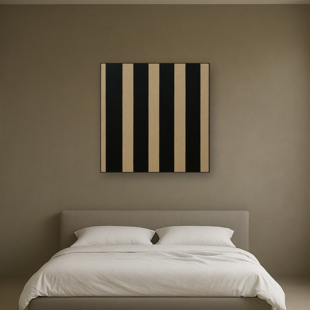 Minimalist Black Stripe & Raw Linen Rhythm No. 11 Fine Art Oil Painting - View 3