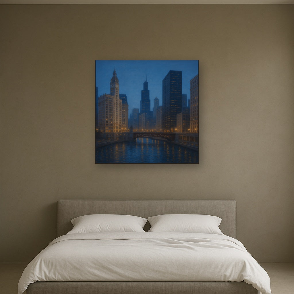 Chicago Riverfront Architecture at Blue Hour No. 22 Oil Painting - View 3