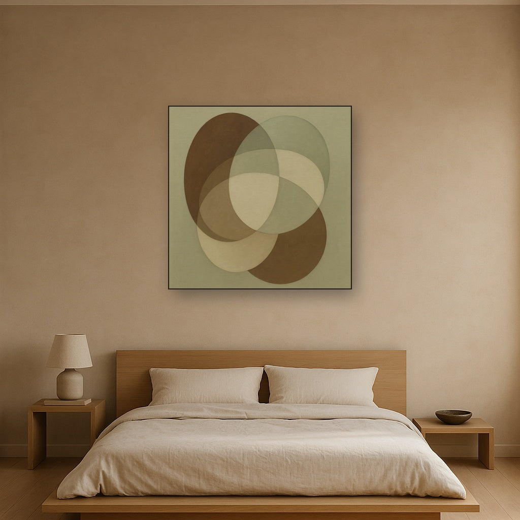 Floating Ellipse Harmony in Walnut & Pale Sage No. 4 Oil Painting Staged Above Master Bed in Bedroom, Calming Neutral Hand Painted Oil Art