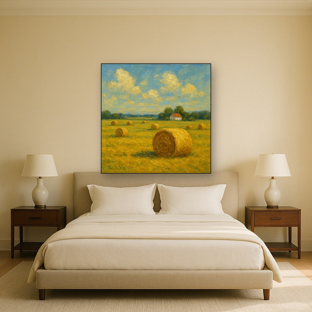 Rolling Meadow Hay Bales Horizon Oil Painting - Styled in Master Bedroom