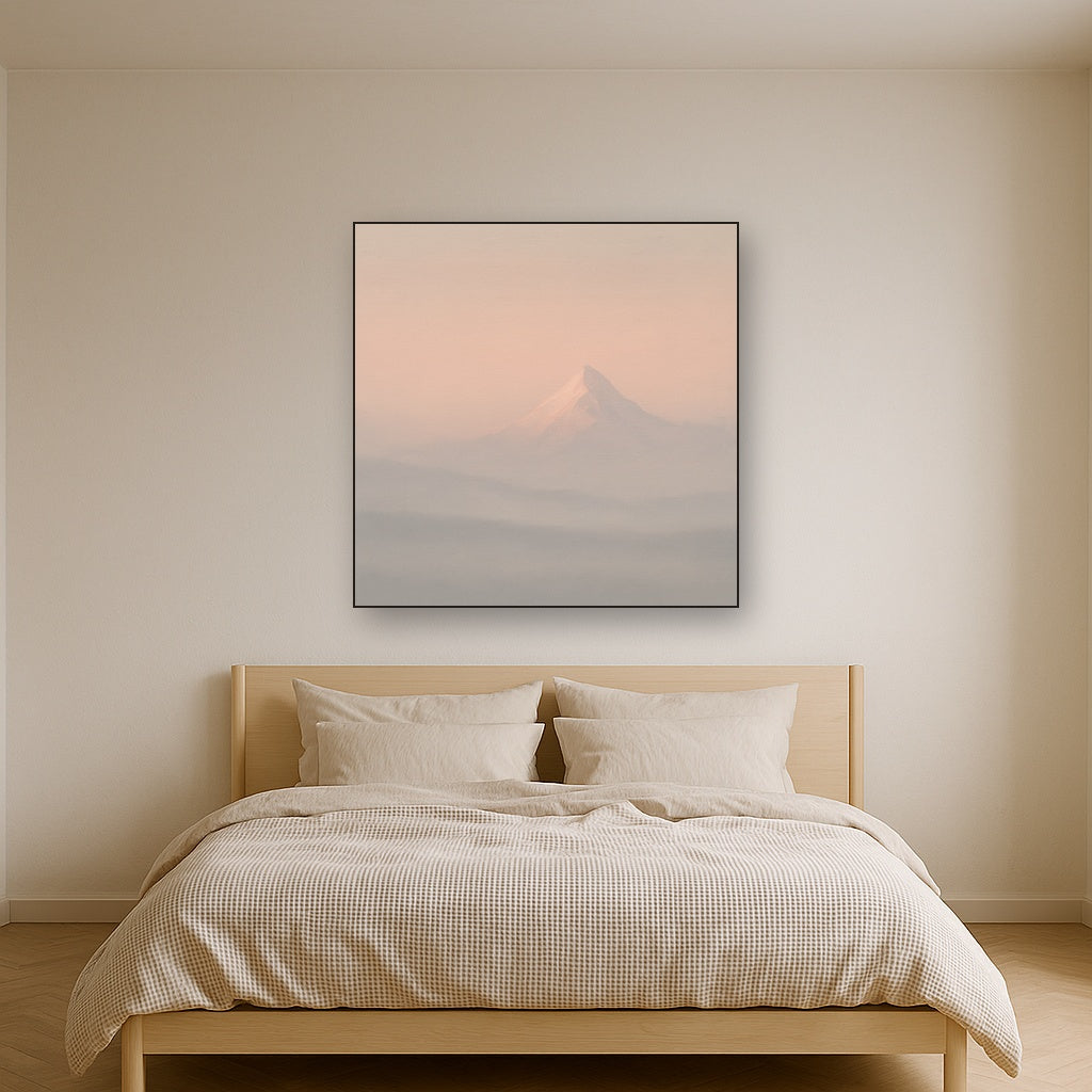 Pale Alpenglow over Distant Glacial Peak No. 20 Oil Painting Staged Above Master Bed in Bedroom, Calming Neutral Hand Painted Oil Art