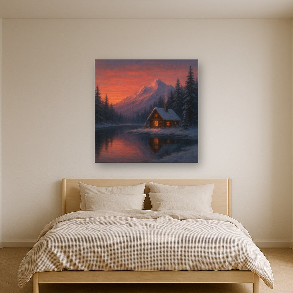 Winter Solstice Mountain Cabin Reflection No. 5 Oil Painting - View 3