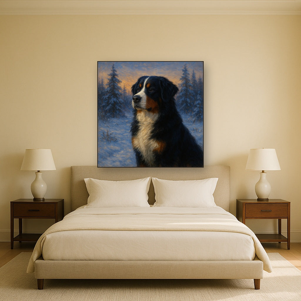 Bernese Mountain Dog in Winter Snowscape No. 17 Fine Art Oil Painting - View 3