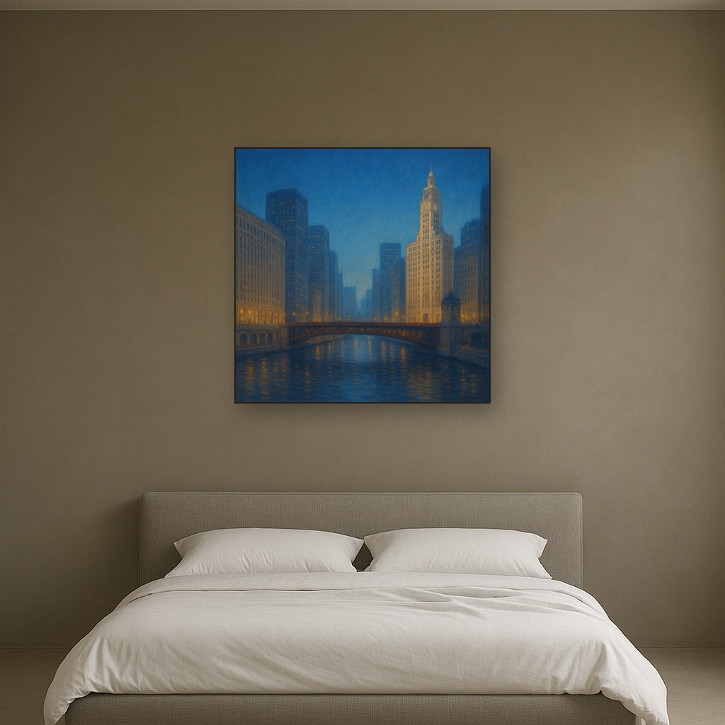 Chicago Riverfront Architecture at Blue Hour No. 8 Oil Painting - View 3