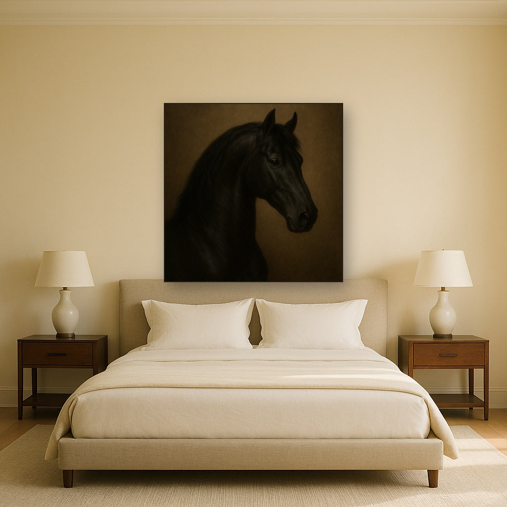 Dark Stallion Portrait in Classical Sfumato No. 15 Oil Painting Staged Above Master Bed in Bedroom, Calming Neutral Hand Painted Oil Art