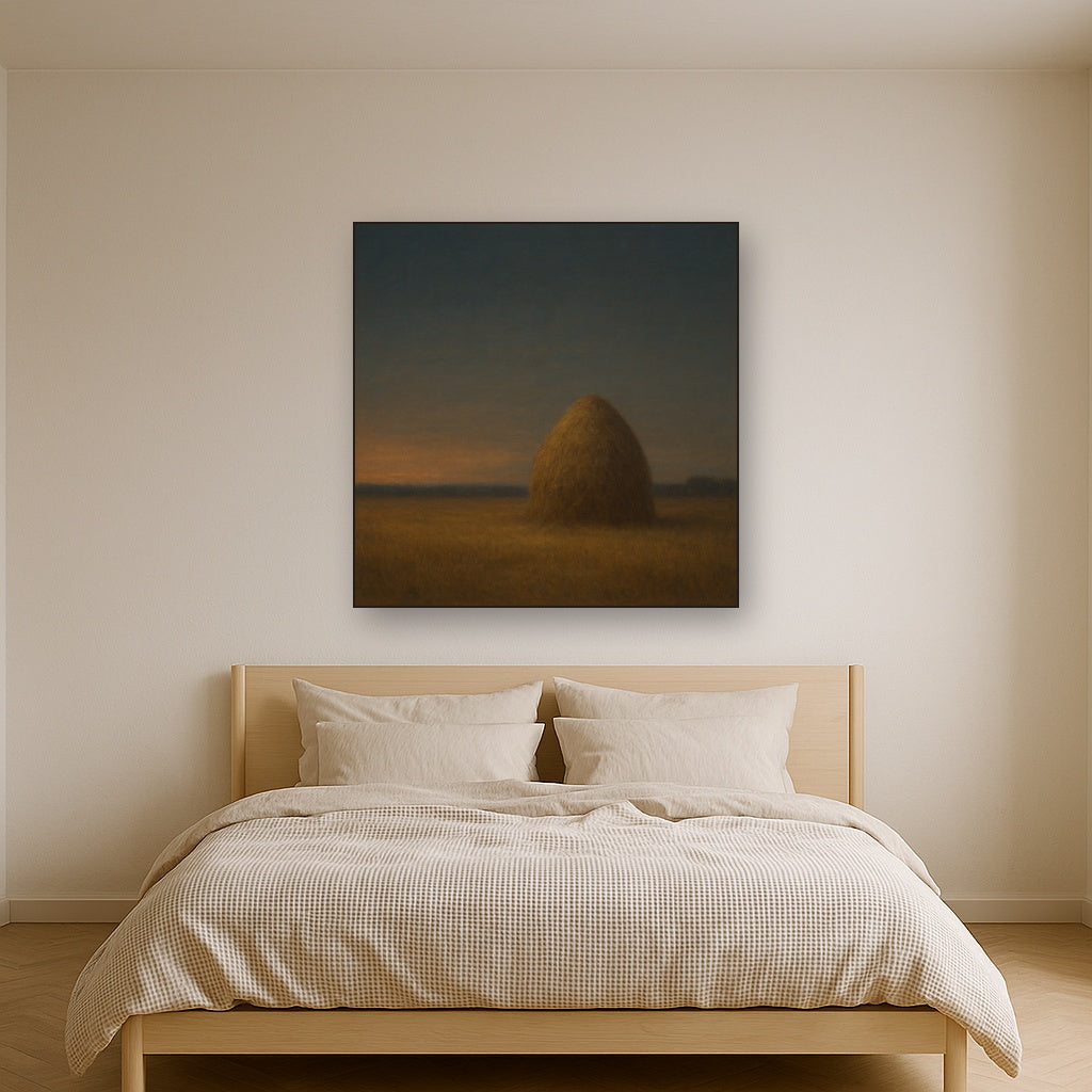 Dusk Horizon over Weathered Haystack No. 9 Oil Painting Staged Above Master Bed in Bedroom, Calming Neutral Hand Painted Oil Art