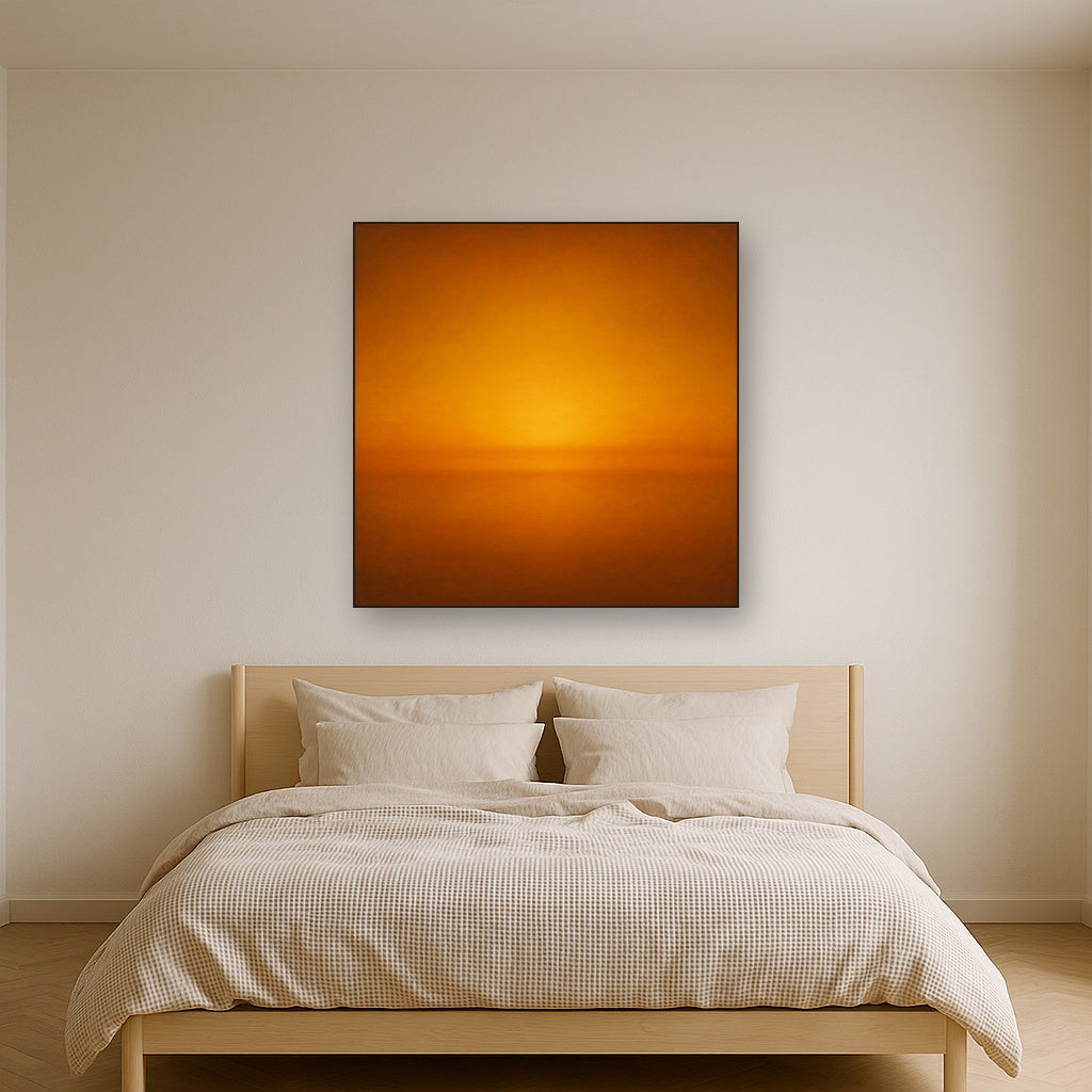 Warm Amber & Raw Sienna Sunset Meditation No. 18 Oil Painting Staged Above Master Bed in Bedroom, Calming Neutral Hand Painted Oil Art