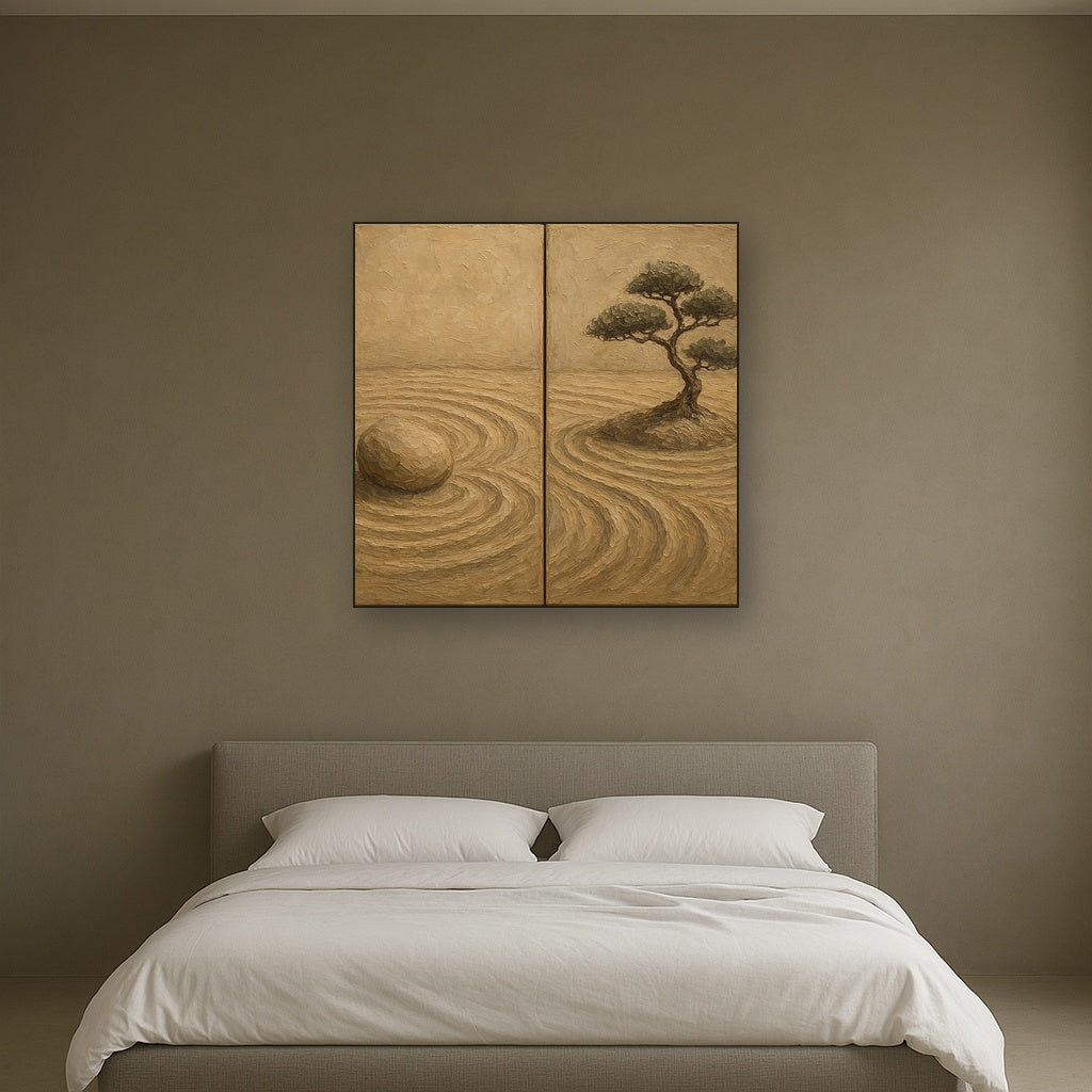 Japandi Zen Garden Diptych Oil Painting - Styled in Master Bedroom