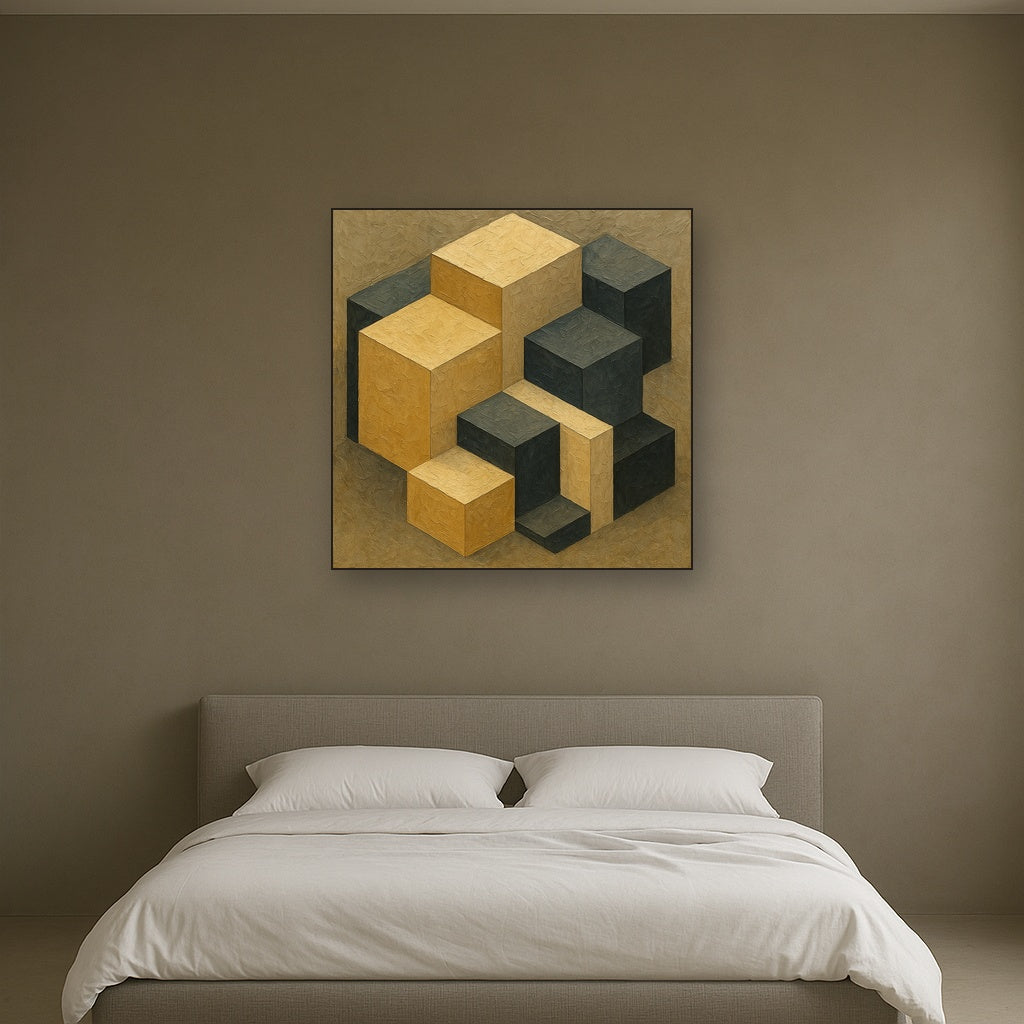 Isometric Modernist Cube Abstraction No. 7 Oil Painting - Styled in Master Bedroom