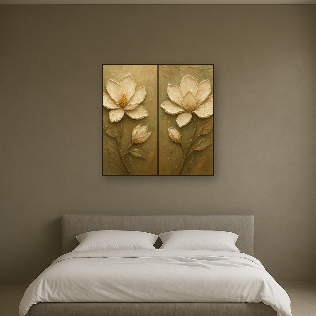 Sculptural Magnolia Diptych Blooms Oil Painting - Styled in Master Bedroom