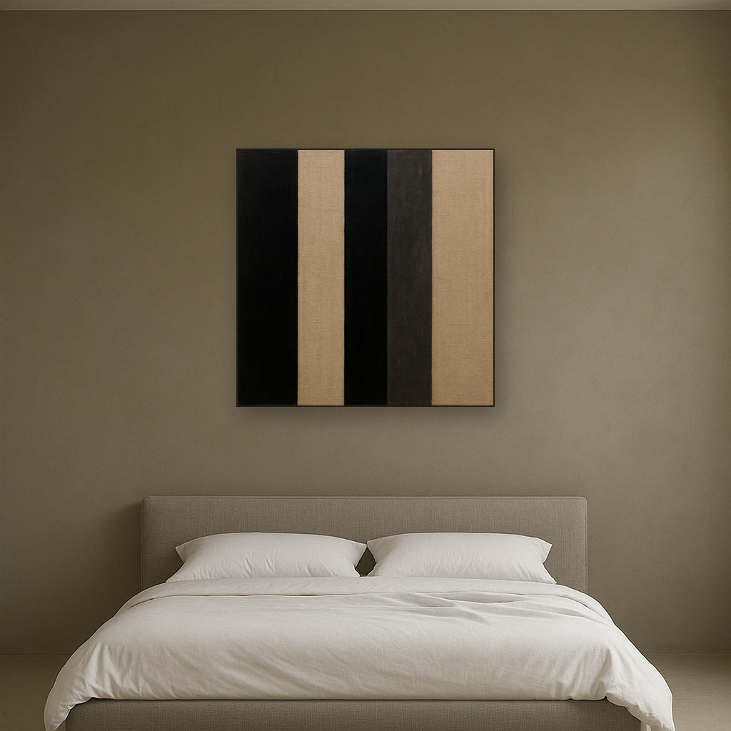 Minimalist Black Stripe & Raw Linen Rhythm No. 15 Fine Art Oil Painting - View 3