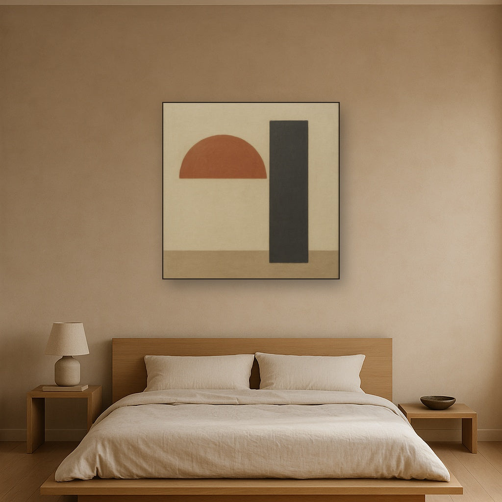 Semicircle Horizon & Minimalist Pillar No. 23 Oil Painting Staged Above Master Bed in Bedroom, Calming Neutral Hand Painted Oil Art