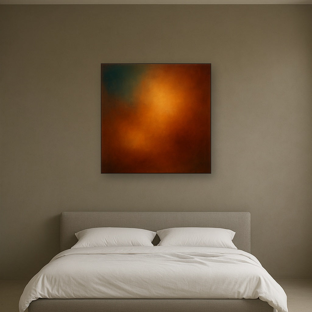 Deep Topaz & Spiced Terracotta Glow No. 17 Oil Painting Staged Above Master Bed in Bedroom, Calming Neutral Hand Painted Oil Art