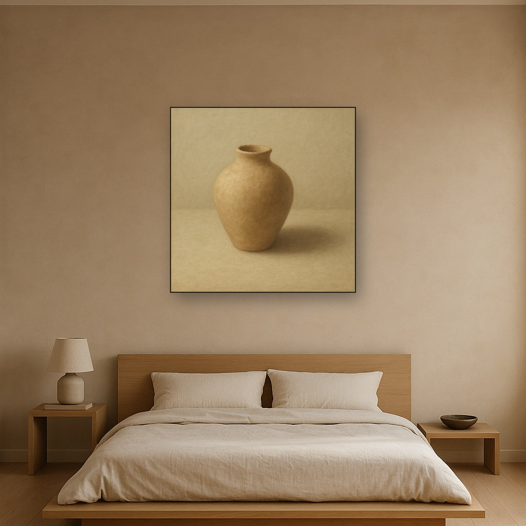 Organic Clay Vessel & Solitary Shadow No. 29 Oil Painting Staged Above Master Bed in Bedroom, Calming Neutral Hand Painted Oil Art