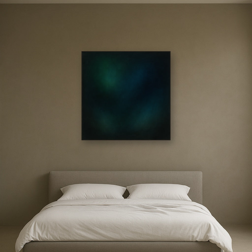 Emerald & Midnight Sapphire Sfumato Immersion No. 2 Oil Painting Staged Above Master Bed in Bedroom, Calming Neutral Hand Painted Oil Art