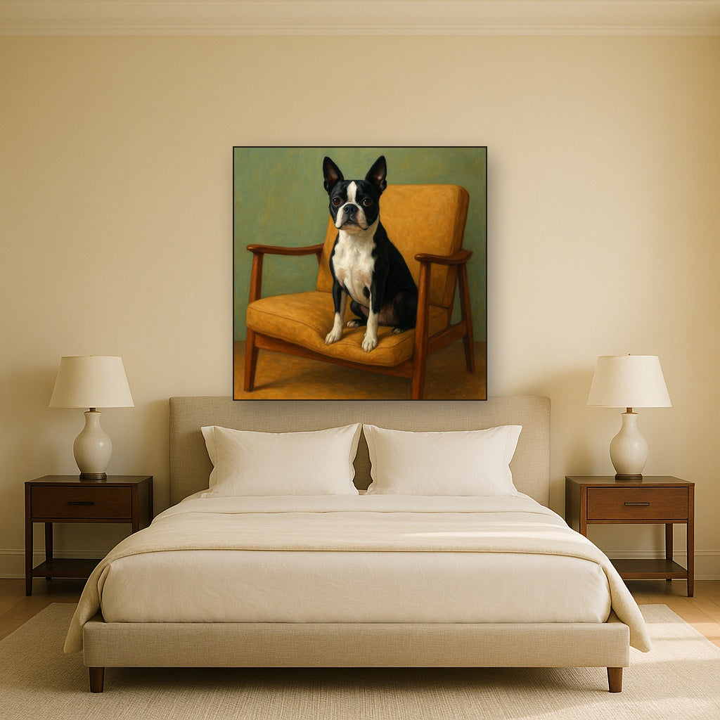 Boston Terrier in Warm Mid-Century Armchair No. 6 Fine Art Oil Painting - View 3
