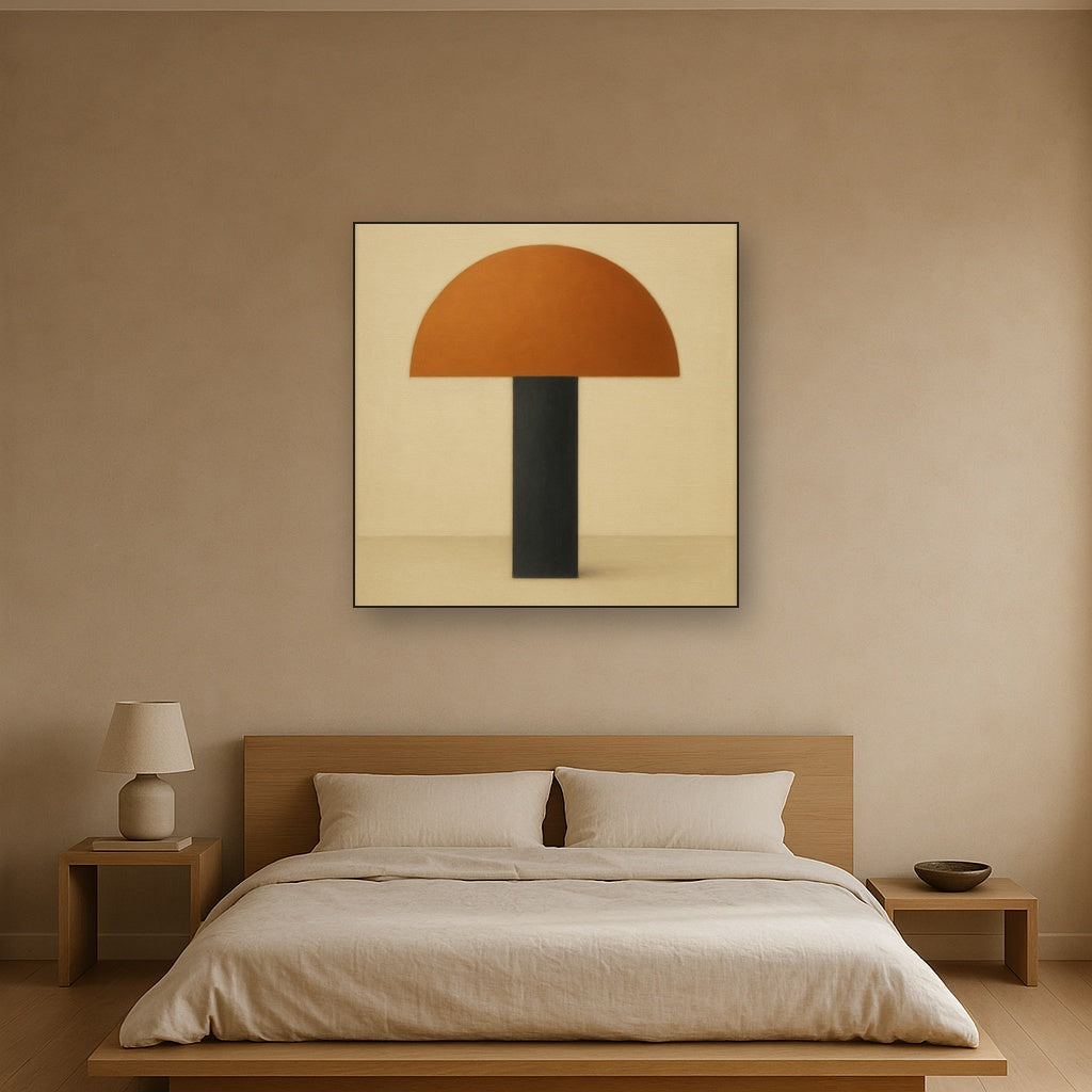 Semicircle Horizon & Minimalist Pillar No. 22 Oil Painting Staged Above Master Bed in Bedroom, Calming Neutral Hand Painted Oil Art