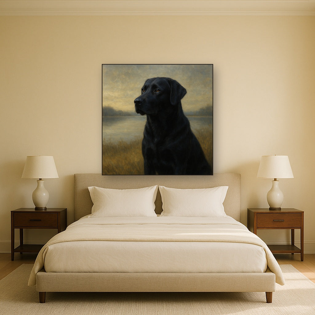 Black Labrador Retriever by Misty Lake Horizon Fine Art Oil Painting - View 3