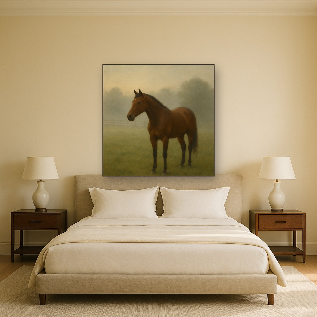 Thoroughbred in Morning Pasture Mist No. 9 Oil Painting - View 3