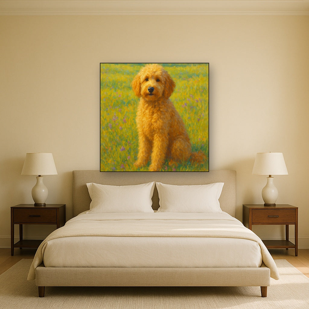 Fluffy Goldendoodle in Sun-Drenched Meadow No. 12 Fine Art Oil Painting - View 3