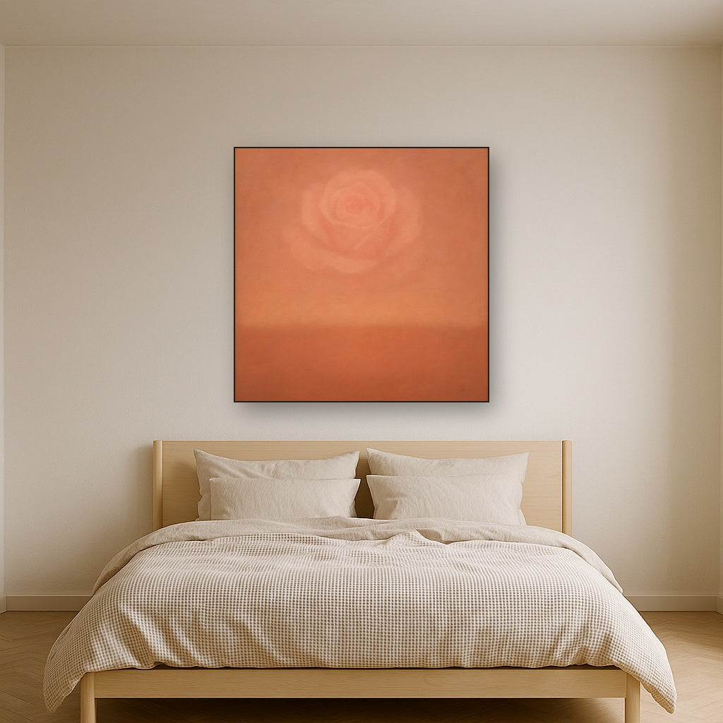 Blush Rose & Dusky Terracotta Ambient Glow No. 9 Oil Painting Staged Above Master Bed in Bedroom, Calming Neutral Hand Painted Oil Art