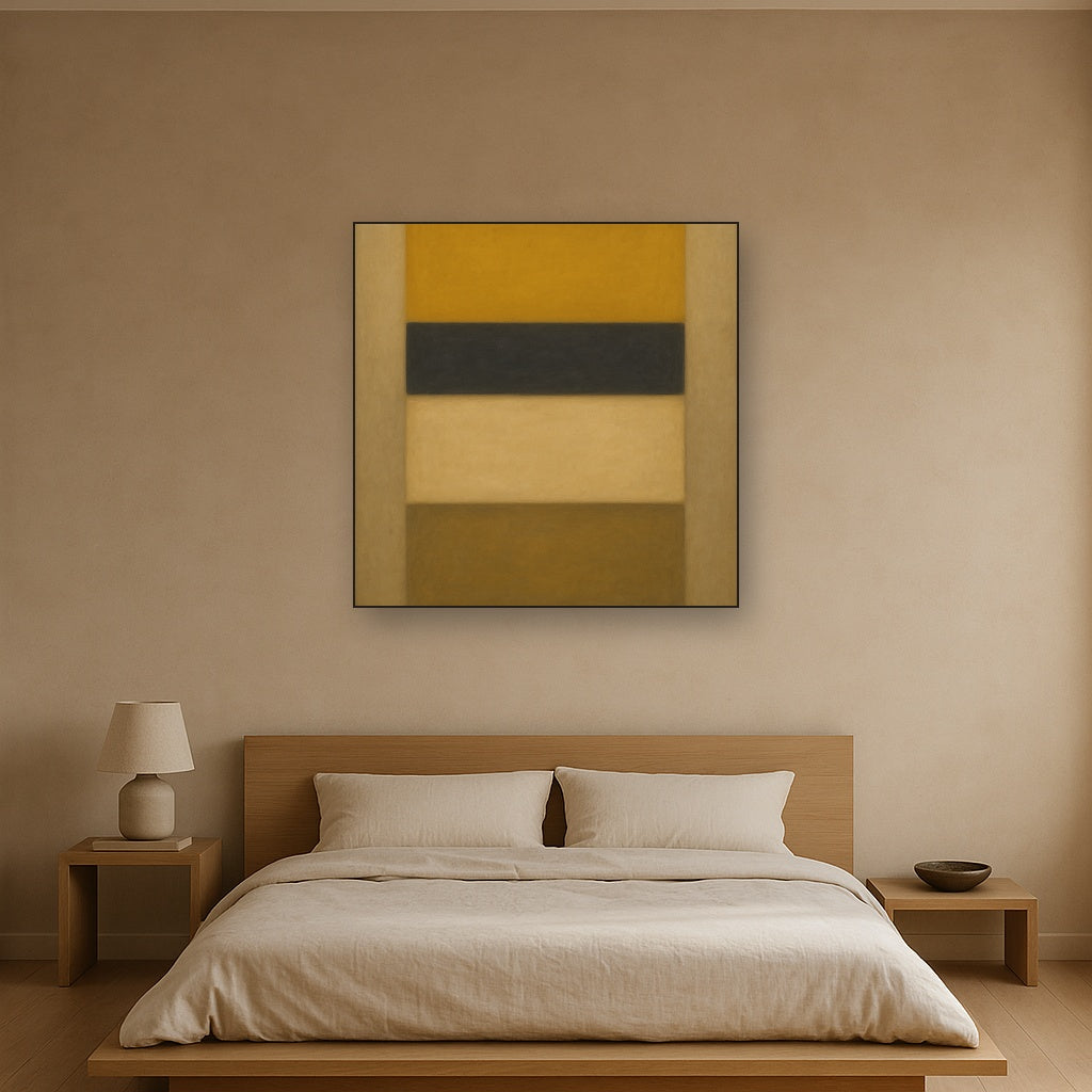 Stacked Horizon Blocks in Mustard & Charcoal No. 21 Oil Painting Staged Above Master Bed in Bedroom, Calming Neutral Hand Painted Oil Art