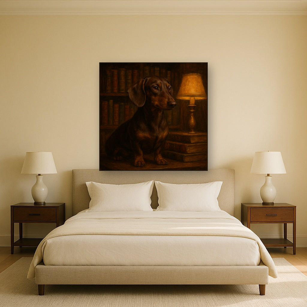 Smooth Dachshund in Moody Library Study No. 13 Fine Art Oil Painting - View 3