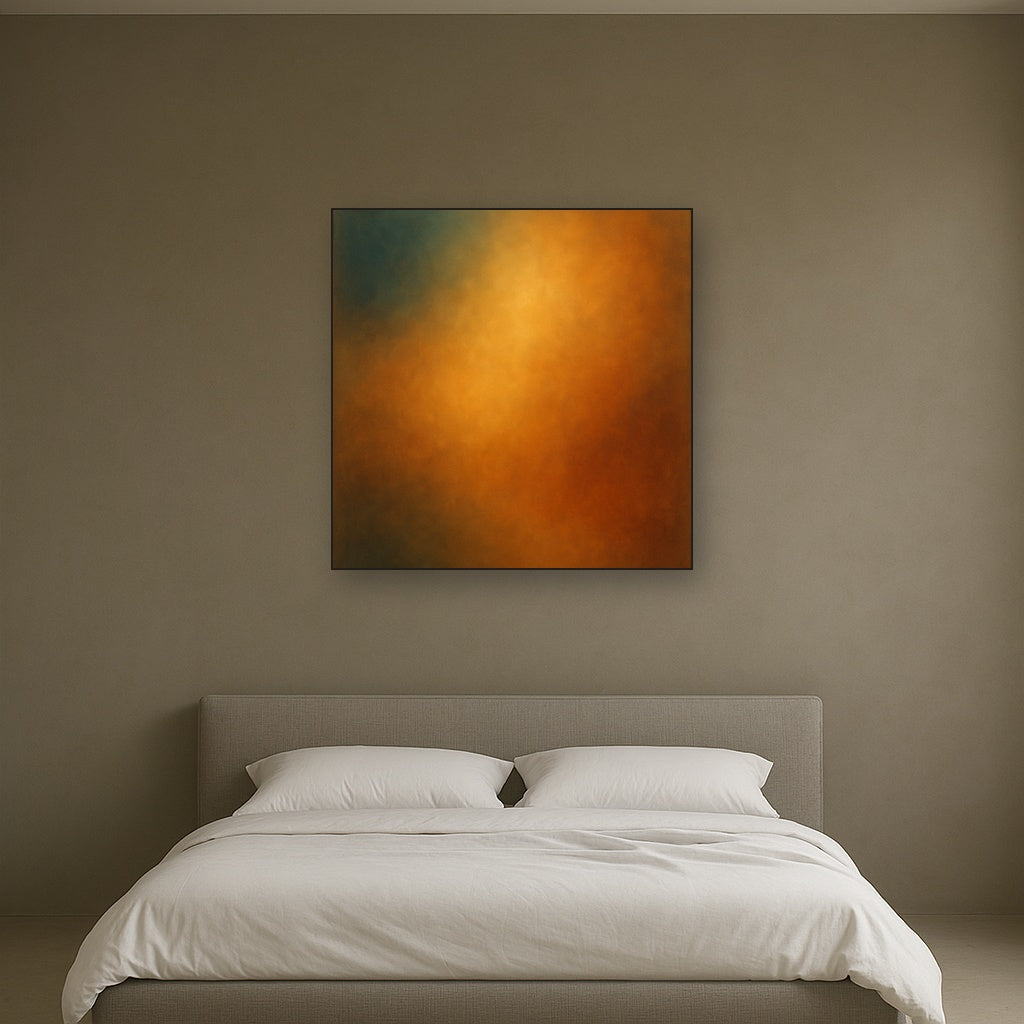 Deep Topaz & Spiced Terracotta Glow No. 8 Oil Painting Staged Above Master Bed in Bedroom, Calming Neutral Hand Painted Oil Art