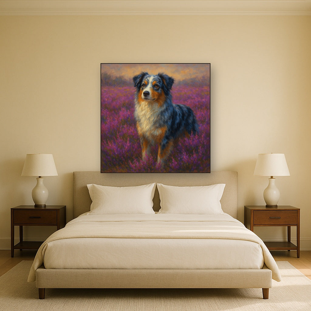 Australian Shepherd in Blooming Heather Field Fine Art Oil Painting - View 3