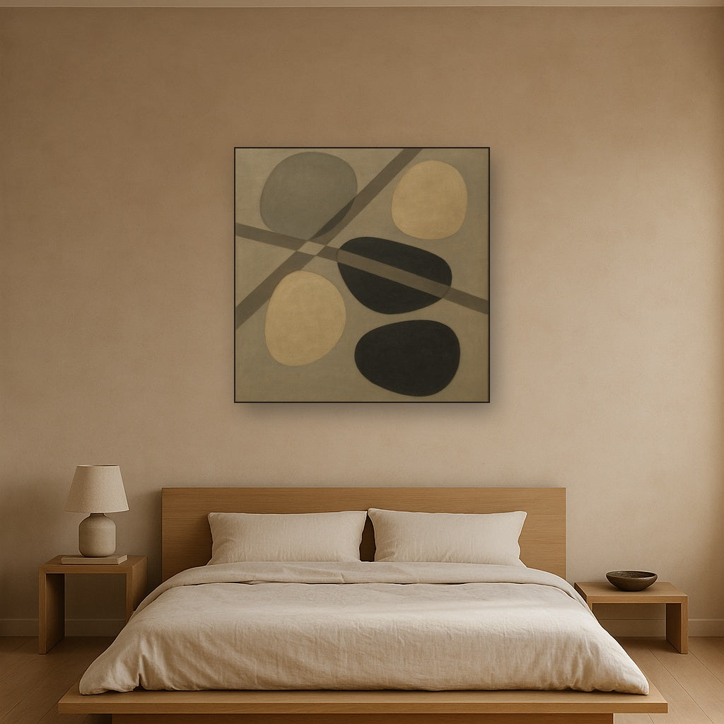 Organic Pebble Contours & Slanted Lines No. 25 Oil Painting Staged Above Master Bed in Bedroom, Calming Neutral Hand Painted Oil Art