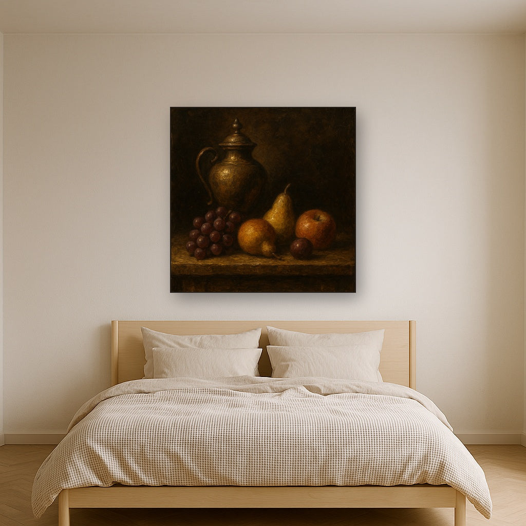 Classical Chiaroscuro Fruit & Urn Still Life No. 2 Oil Painting - Styled in Master Bedroom