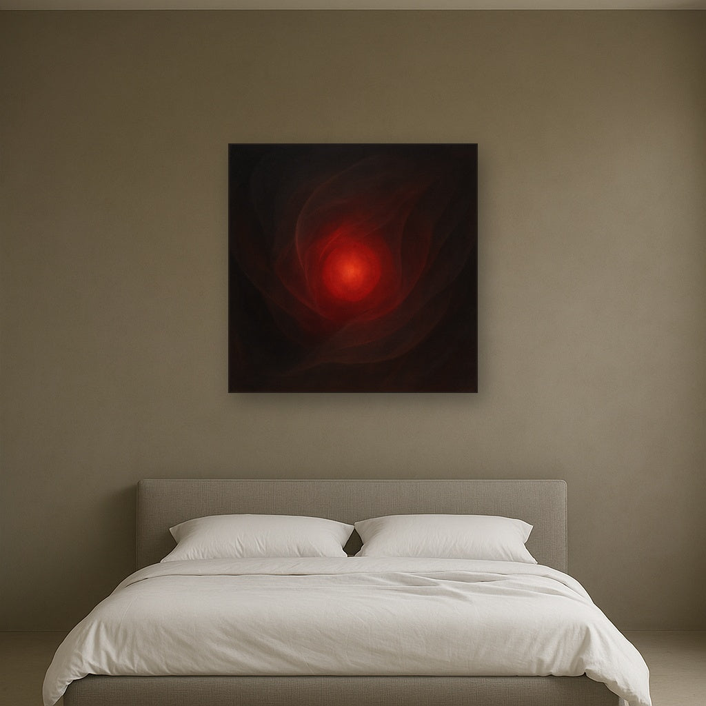 Smoky Ruby & Warm Obsidian Veils No. 11 Oil Painting Staged Above Master Bed in Bedroom, Calming Neutral Hand Painted Oil Art