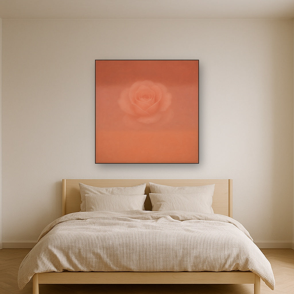 Blush Rose & Dusky Terracotta Ambient Glow No. 5 Oil Painting Staged Above Master Bed in Bedroom, Calming Neutral Hand Painted Oil Art
