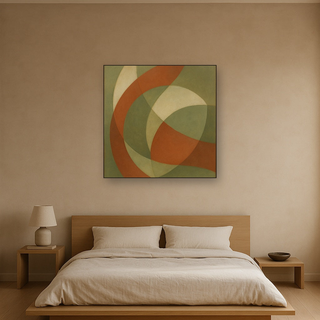 Intersecting Curved Forms in Olive & Rust No. 25 Oil Painting Staged Above Master Bed in Bedroom, Calming Neutral Hand Painted Oil Art