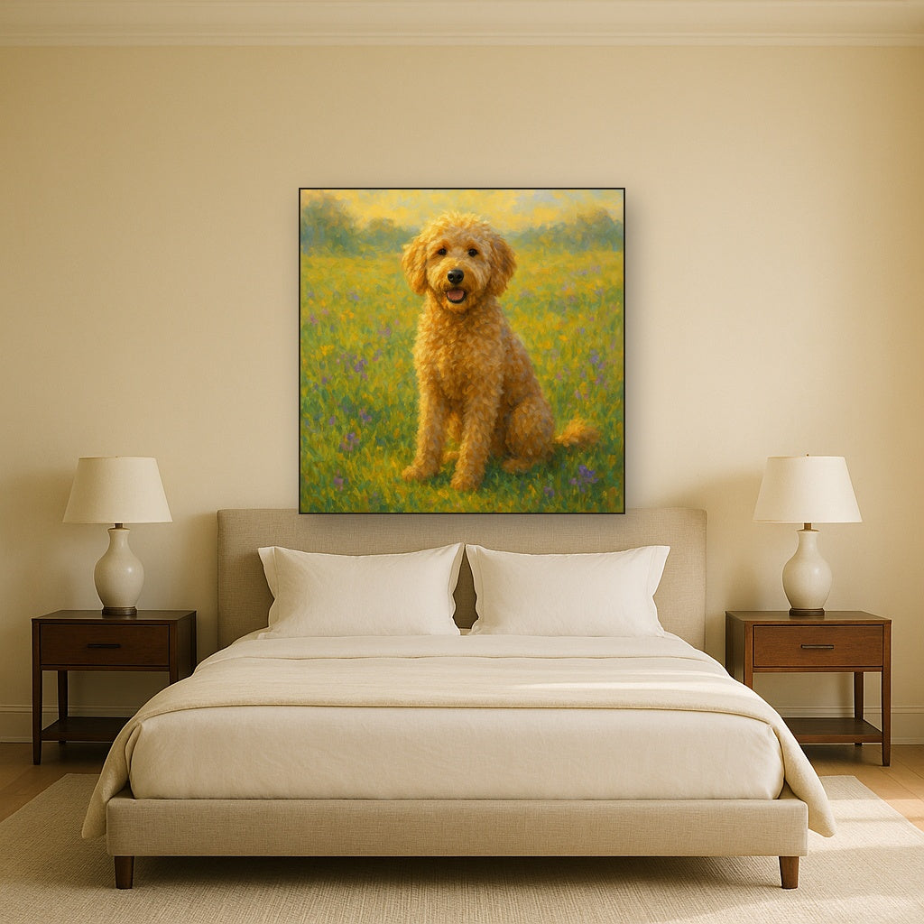 Fluffy Goldendoodle in Sun-Drenched Meadow No. 6 Fine Art Oil Painting - View 3