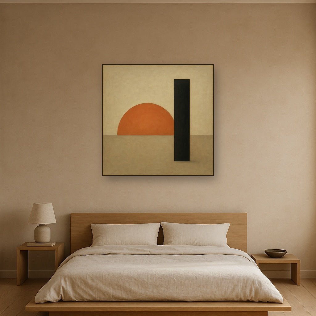 Semicircle Horizon & Minimalist Pillar No. 14 Oil Painting Staged Above Master Bed in Bedroom, Calming Neutral Hand Painted Oil Art