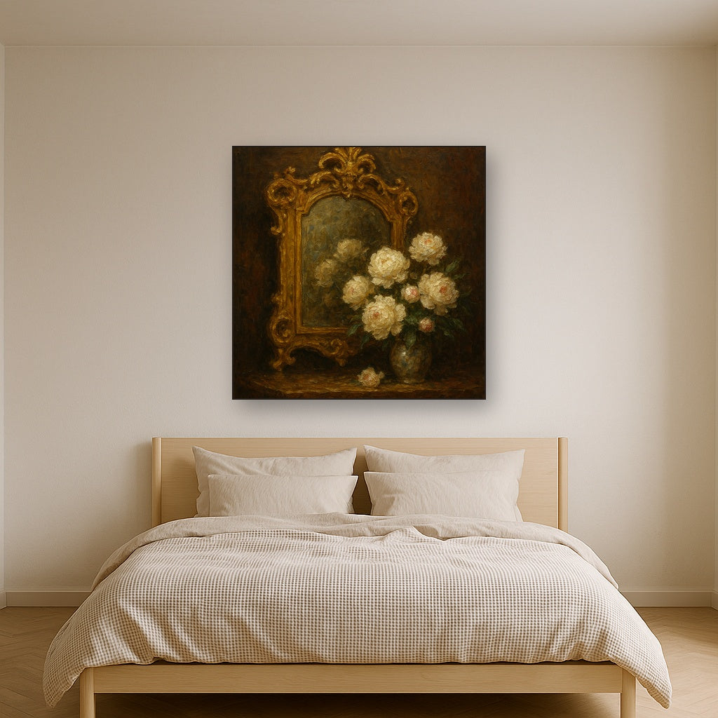 Baroque Gilded Mirror & Peonies Oil Painting - Styled in Master Bedroom