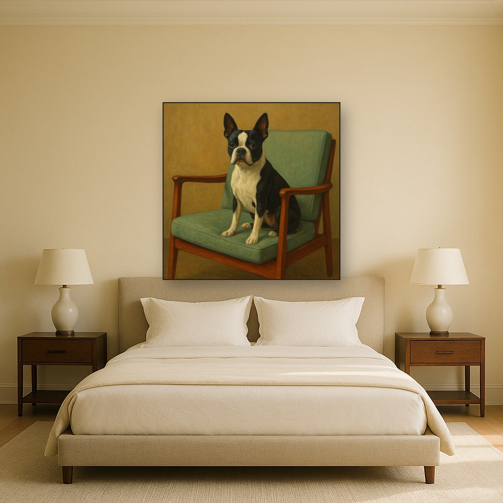Boston Terrier in Warm Mid-Century Armchair No. 7 Fine Art Oil Painting - View 3