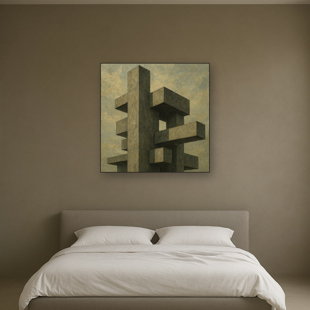 Brutalist Concrete Monolith & Sky No. 7 Oil Painting - Styled in Master Bedroom