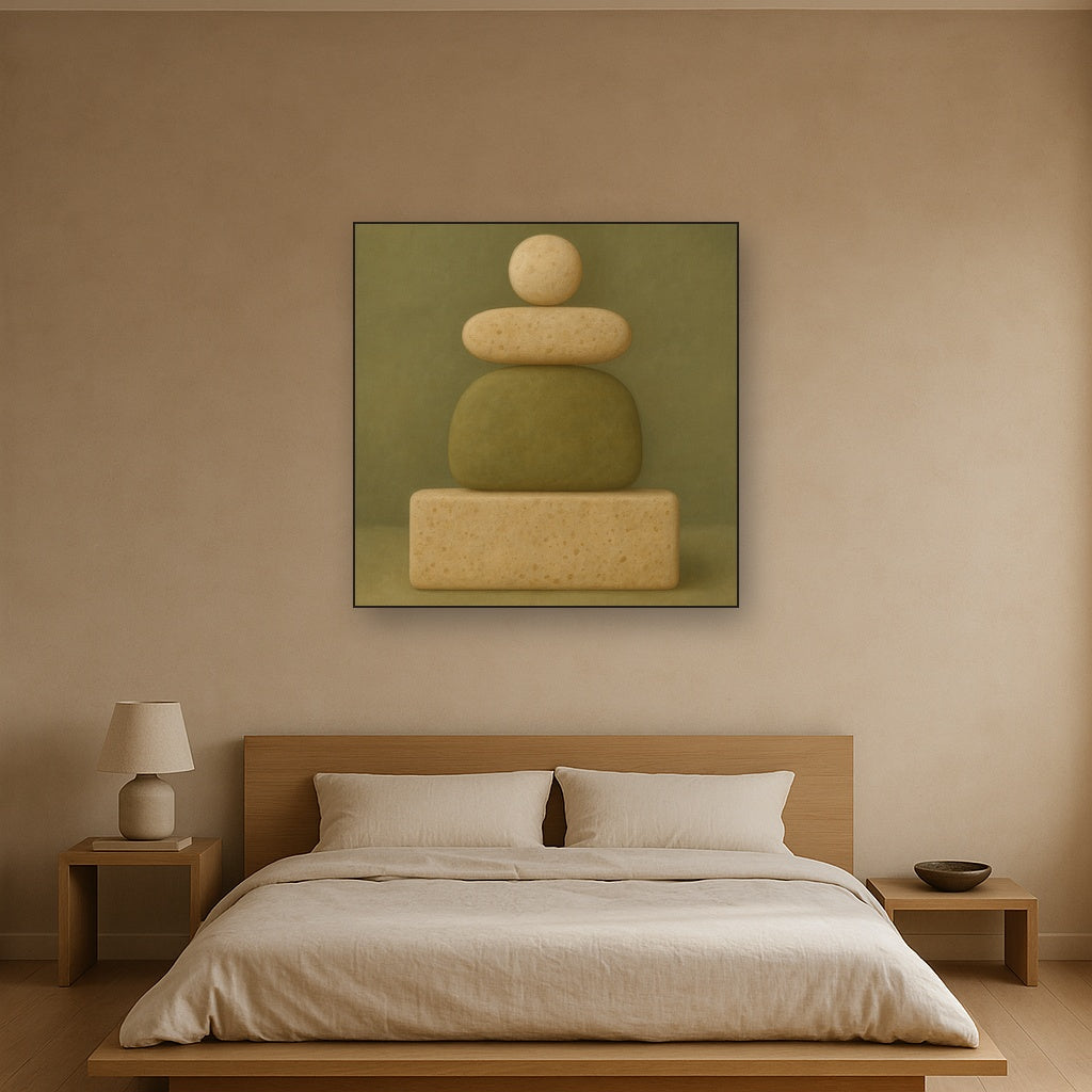Muted Olive & Sandstone Geometric Balance No. 25 Oil Painting Staged Above Master Bed in Bedroom, Calming Neutral Hand Painted Oil Art