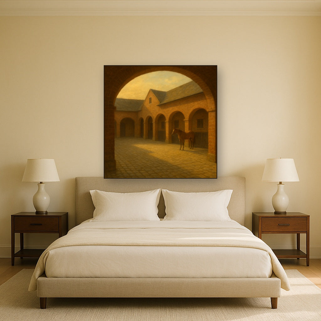 Equestrian Stable Courtyard in Late Afternoon No. 10 Oil Painting Staged Above Master Bed in Bedroom, Calming Neutral Hand Painted Oil Art