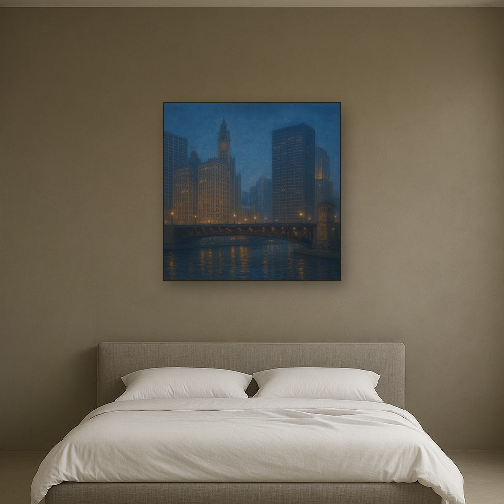 Chicago Riverfront Architecture at Blue Hour No. 18 Oil Painting - View 3